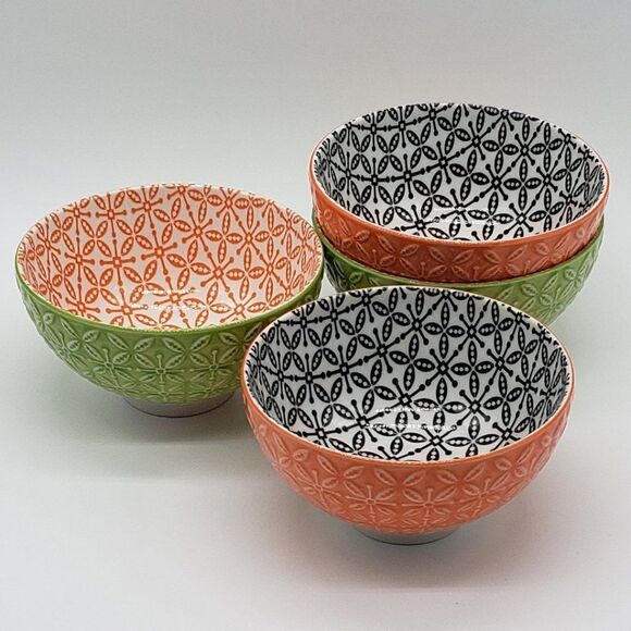 Now Designs Stamped Green/Orange and Orange/Black Porcelain 4pc Rice Bowl Set - Picture 13 of 13